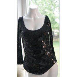Express Black Sequins 100% Pima Cotton 3/4 Sleeve Top VTG Y2K